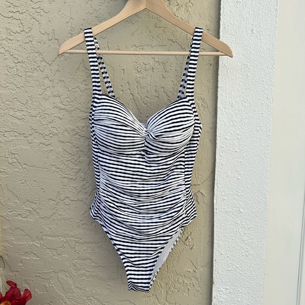 Navy & white sweetheart striped one piece suit